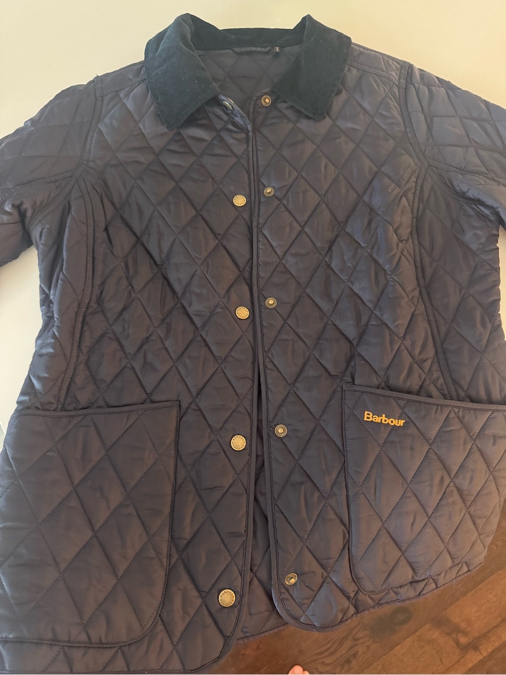 Barbour Navy Quilted Puffer Jacket with Dark Corduroy Collar